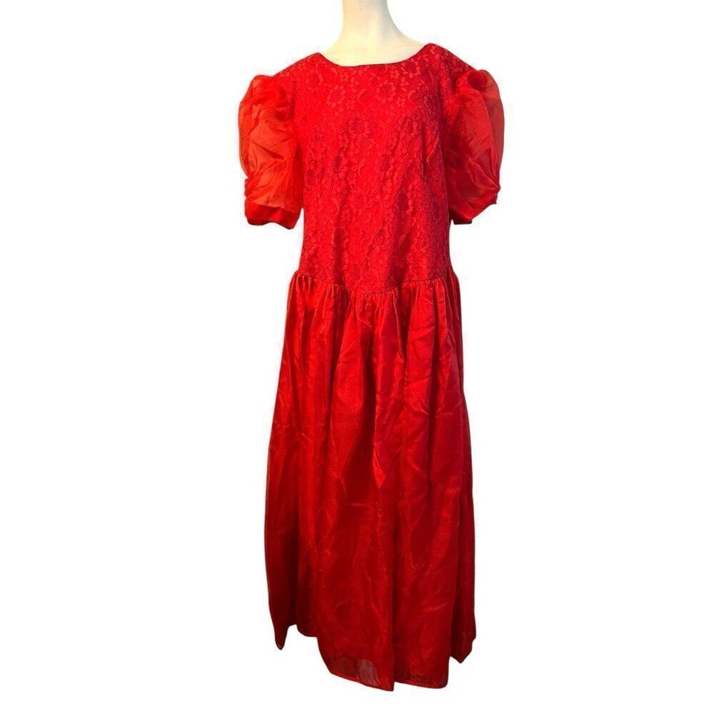 XL Red Puff Sleeve Lace Satin Bow Retro Gown 1950s Handmade Tulle Maxi Dress